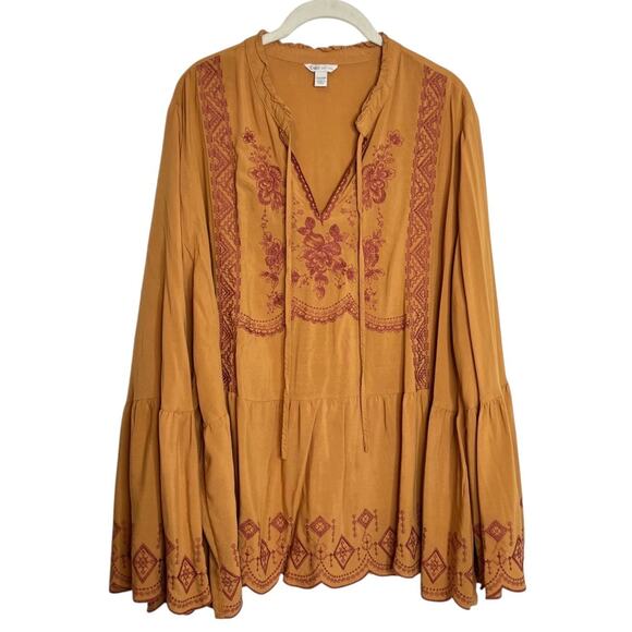 Cato Womens Blouse 22/24W Mustard Yellow Embroidered Boho Peasant Top Rayon - Picture 1 of 8